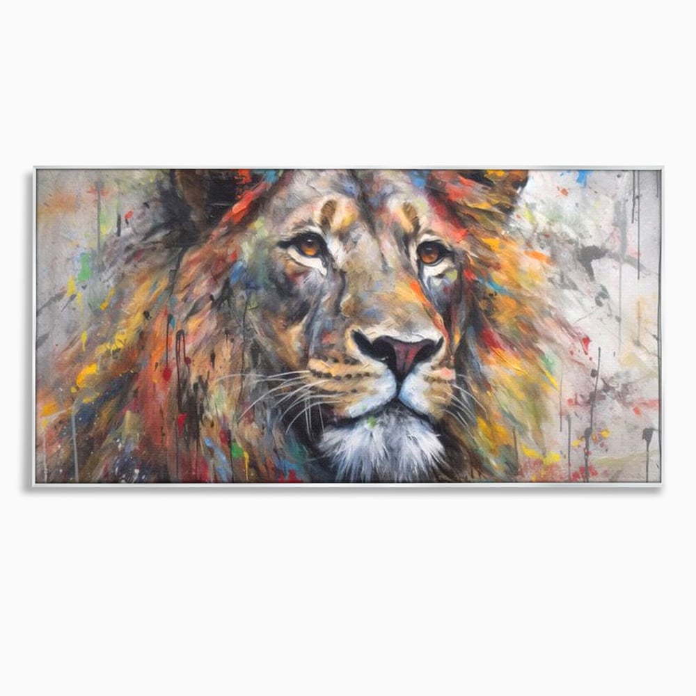 Tablou canvas cu tablou canvas cu leu colorat, in rama de aluminiu argintiu